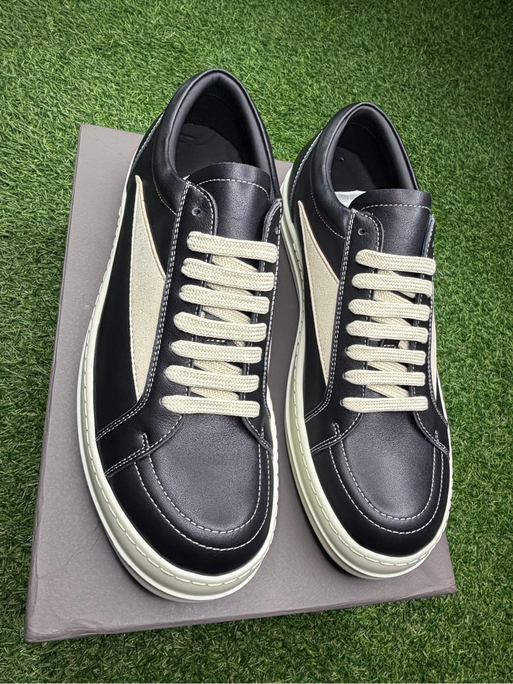 Rick Owens Black Leather Sneakers with Cream Accents